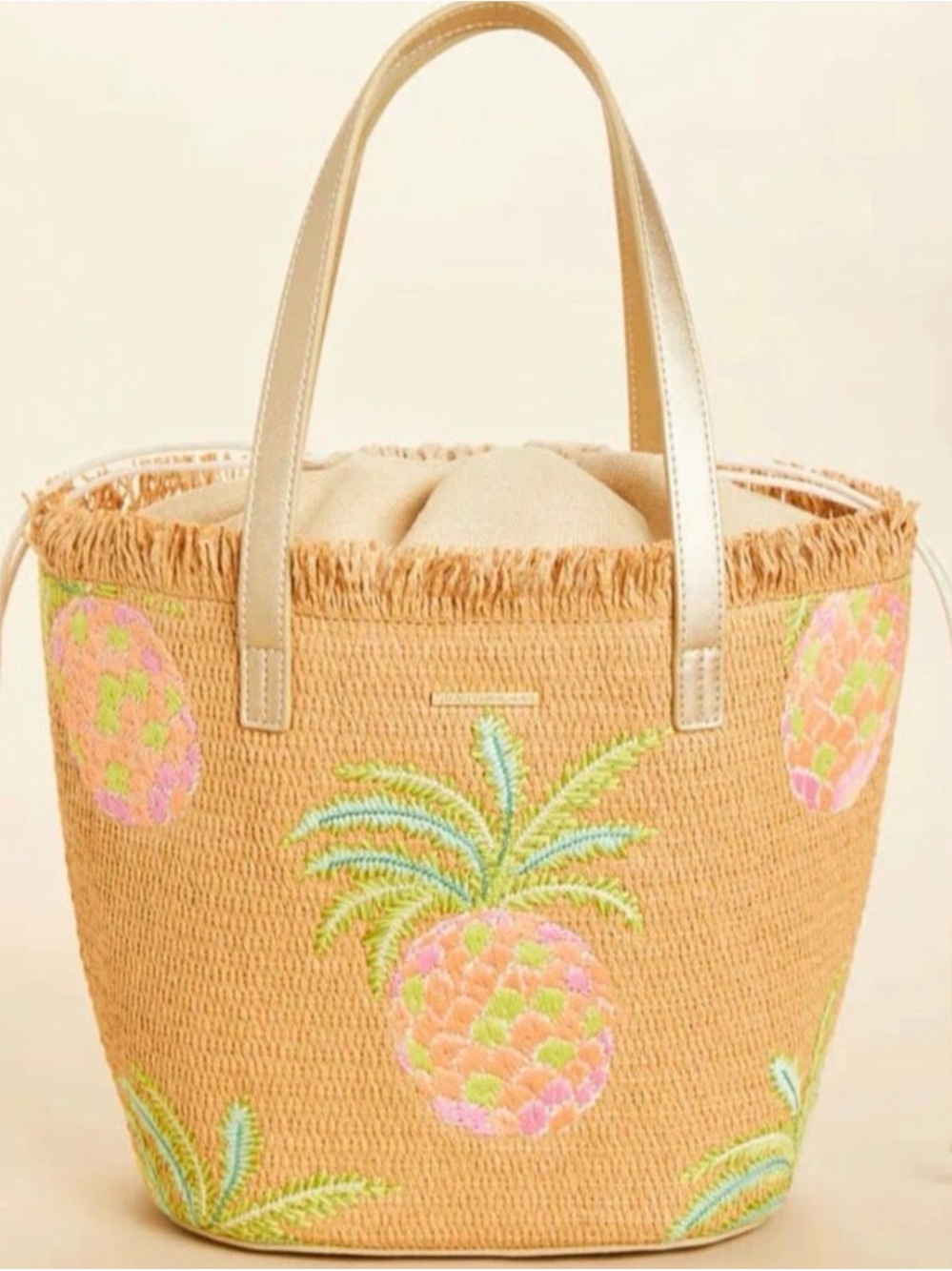 💚🍍NWOT Spartina 449 Straw Tote Flamingo Pineapple Bag with Gold Handles - Picture 2 of 4